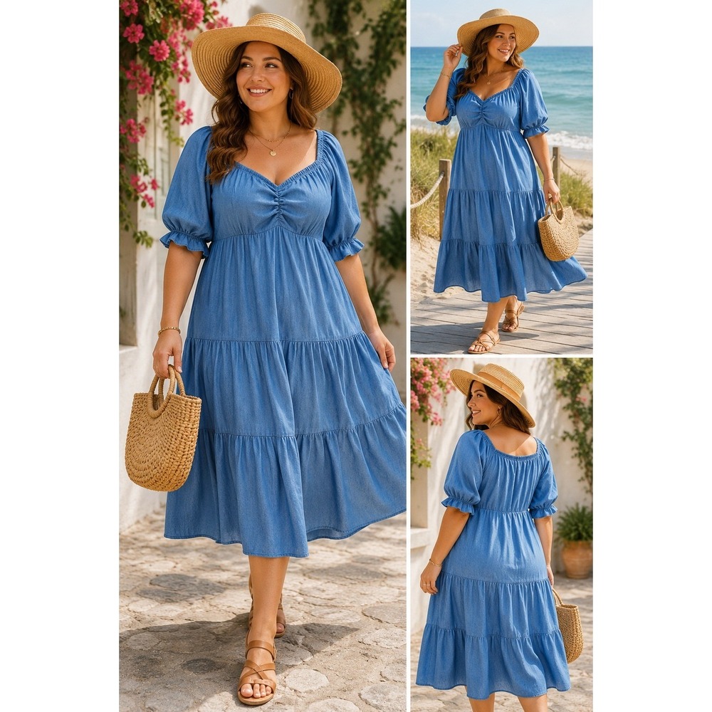 BloomChic Blue Tiered Midi Dress Puff Sleeve Sweetheart Neck Denim Look US 10